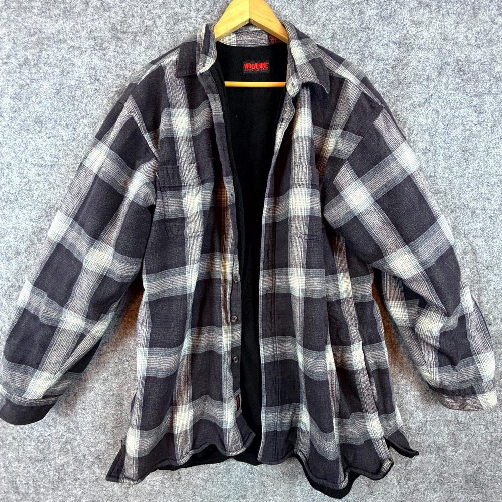 Wolverine Flannel Shacket Mens XL Tall Gray Plaid Fleece Lined Chore Coat Work